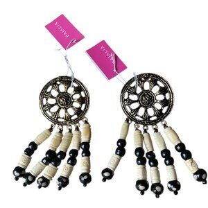 Bajalia HSN Carved Bone Tassel Dangle Earrings Boho Ethnic Tribal NWT Black Tan